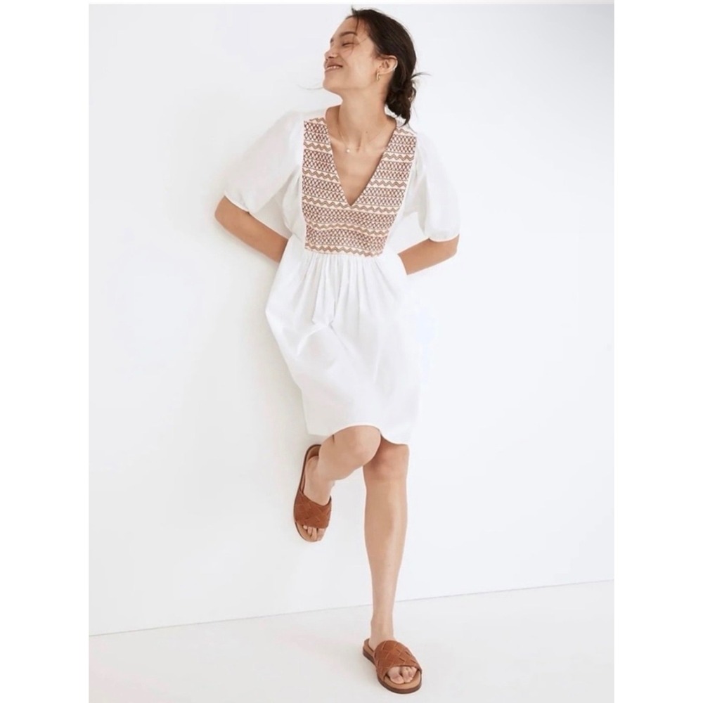 Madewell Embroidered Poplin V-Neck Mini Dress White Puff Sleeve Size M